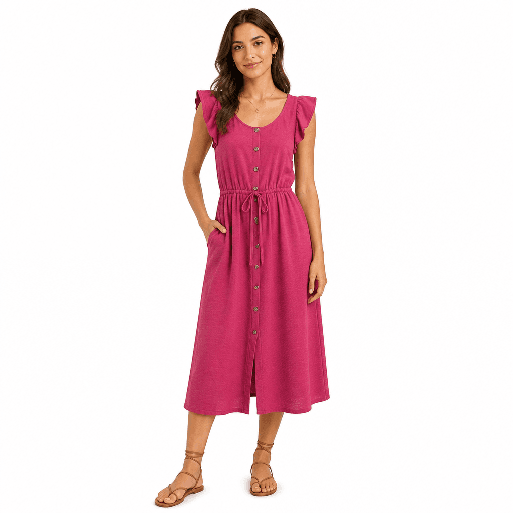 Pink Button-Down Midi Dress with Ruffle Sleeves