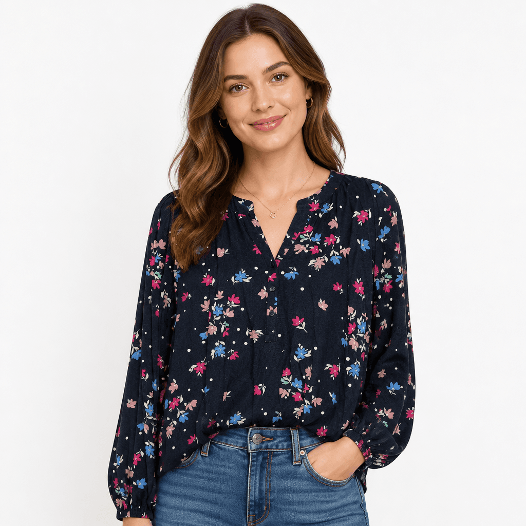 Kim Rogers Floral Blouse XL Navy Long Sleeve