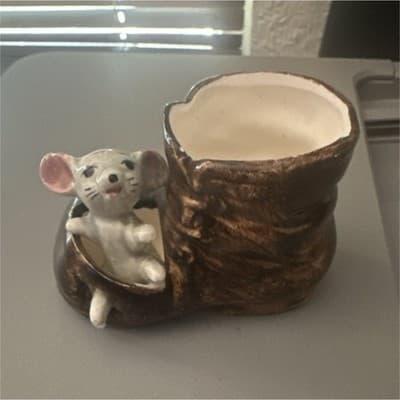 Ceramic Mouse Figurine in Boot Brown White Pink Decorative Collectible
