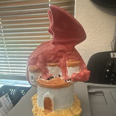Ceramic & Porcelain Fantasy Castle House Figurine w/ Red Dragon, Multicolor
