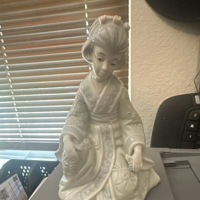 White Porcelain Woman Figurine Floral Kimono Robe Style Glossy Finish