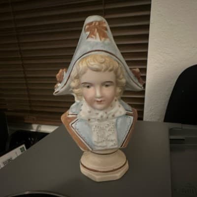 Ceramic Blue and White Bust Figurine Historical Attire Matte Finish
