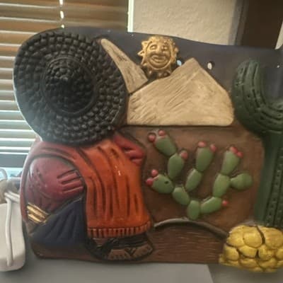 Mexican Handmade Folk Art Wall Plaque with Cactus and Traditional Figure