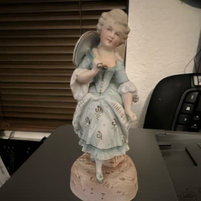 Ceramic Woman Figurine Victorian Style Light Blue White Matte Finish