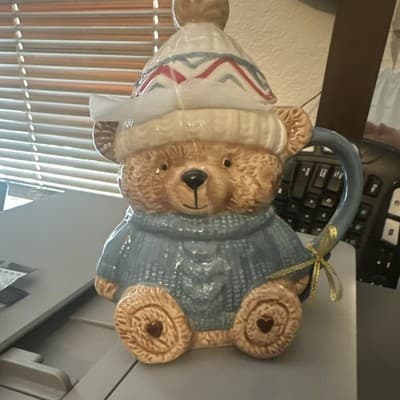 Ceramic Bear Cookie Jar with Lid, Blue Sweater, Heart Details, Novelty