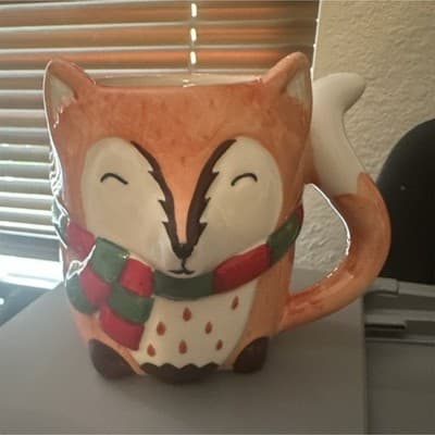 Fox Shaped Ceramic Coffee Mug with Scarf, Orange White Figural Animal Design