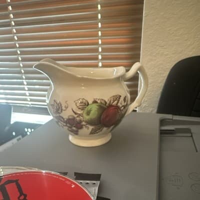 Ceramic Fruit Pattern Creamer Glossy Pottery White Green Red Brown Round