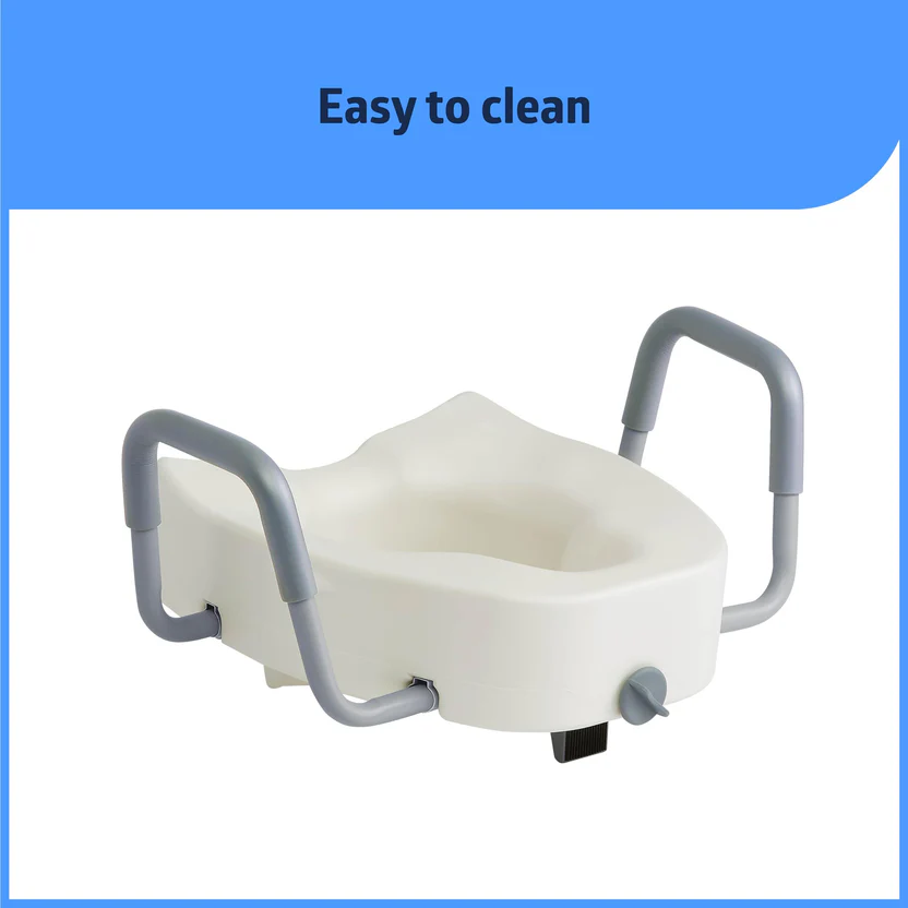 Elongated Raised Toilet Seat, with Lock and Removable Padded Arms