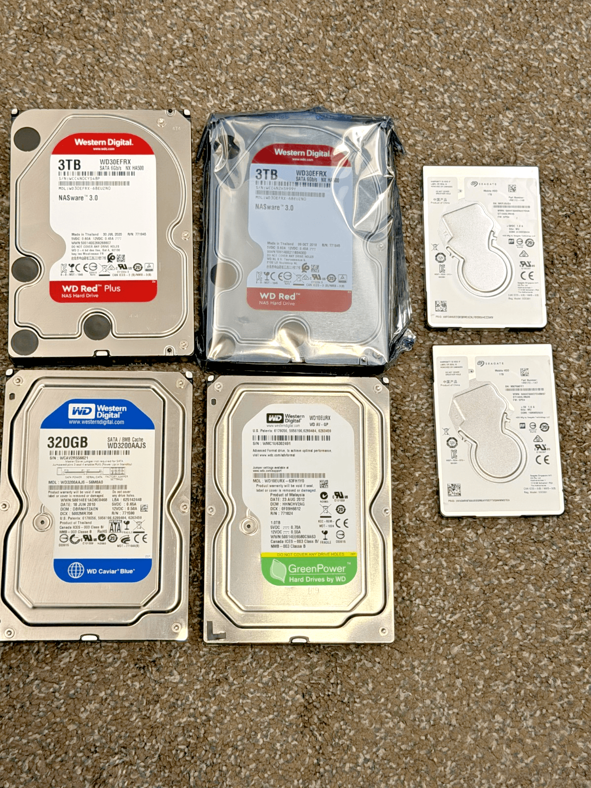 Lot of 6 SATA Hard Drives WD Seagate 3TB 1TB 320GB 2.5" 3.5" HDD
