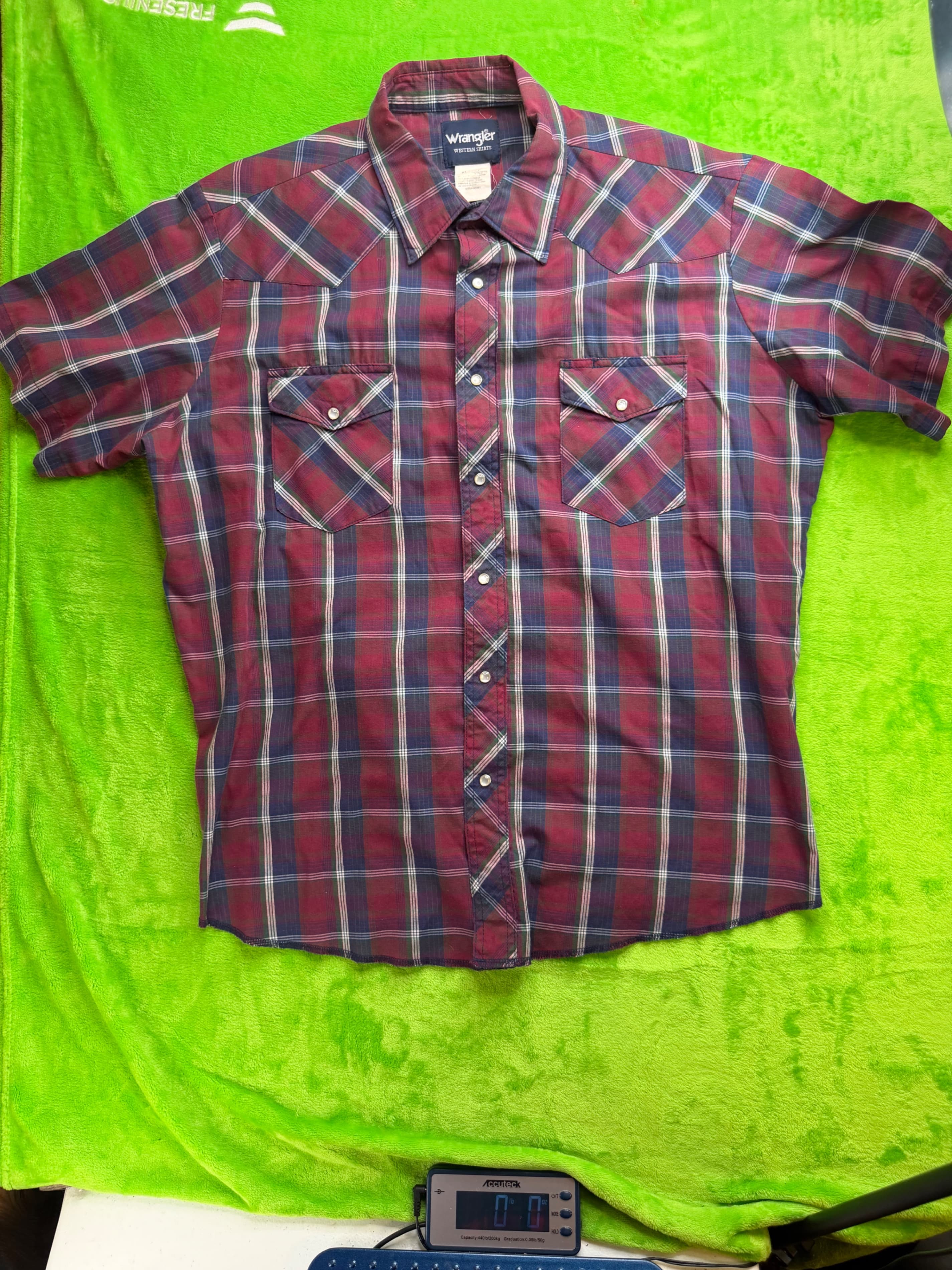 Wrangler Western Pearl Snap SS Shirt Mens XL Burgundy Navy Plaid