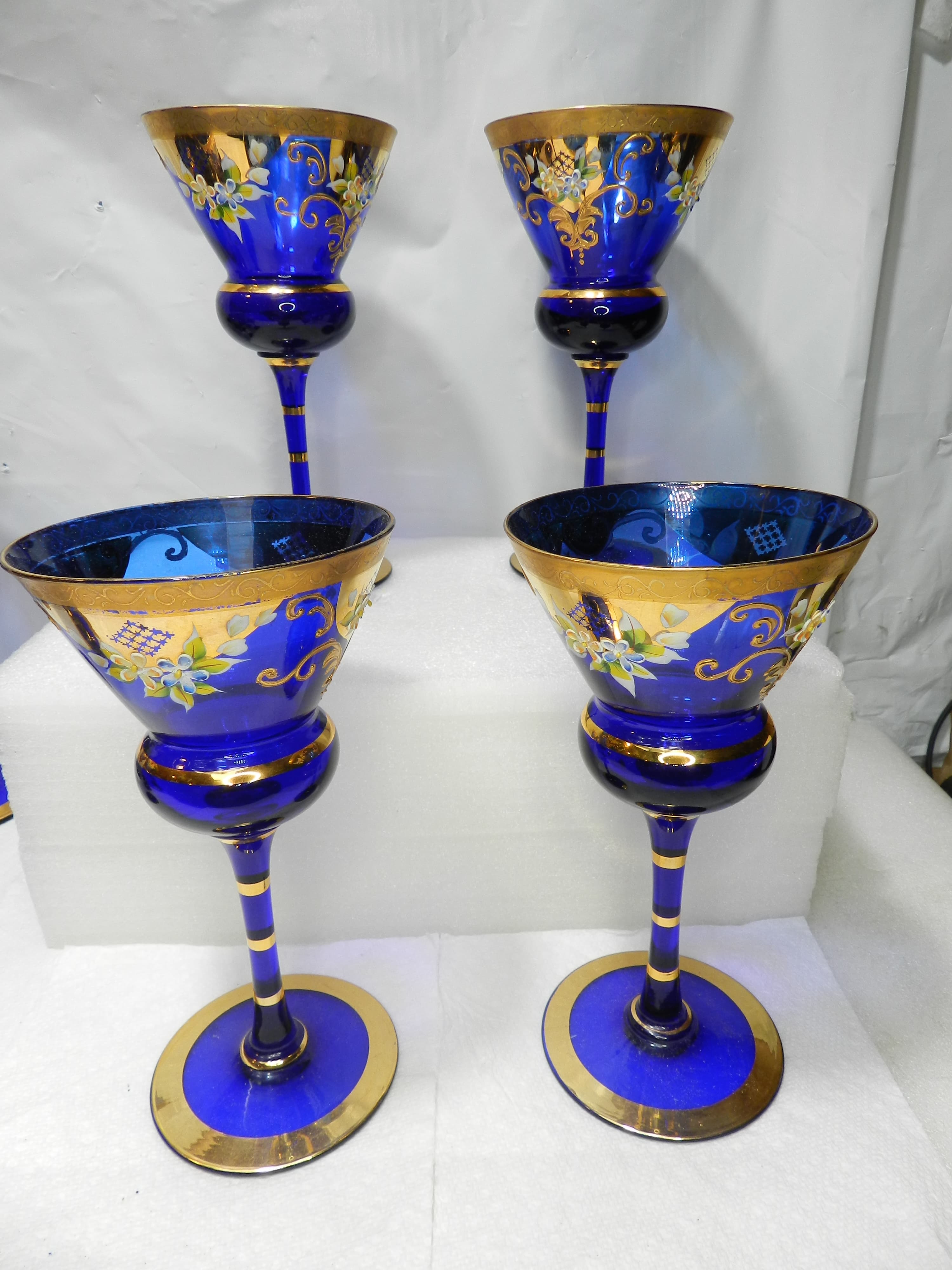 4 Antique Murano Venetian Stem Wine Glasses Cobalt Blue 24kt Gold (N21J)