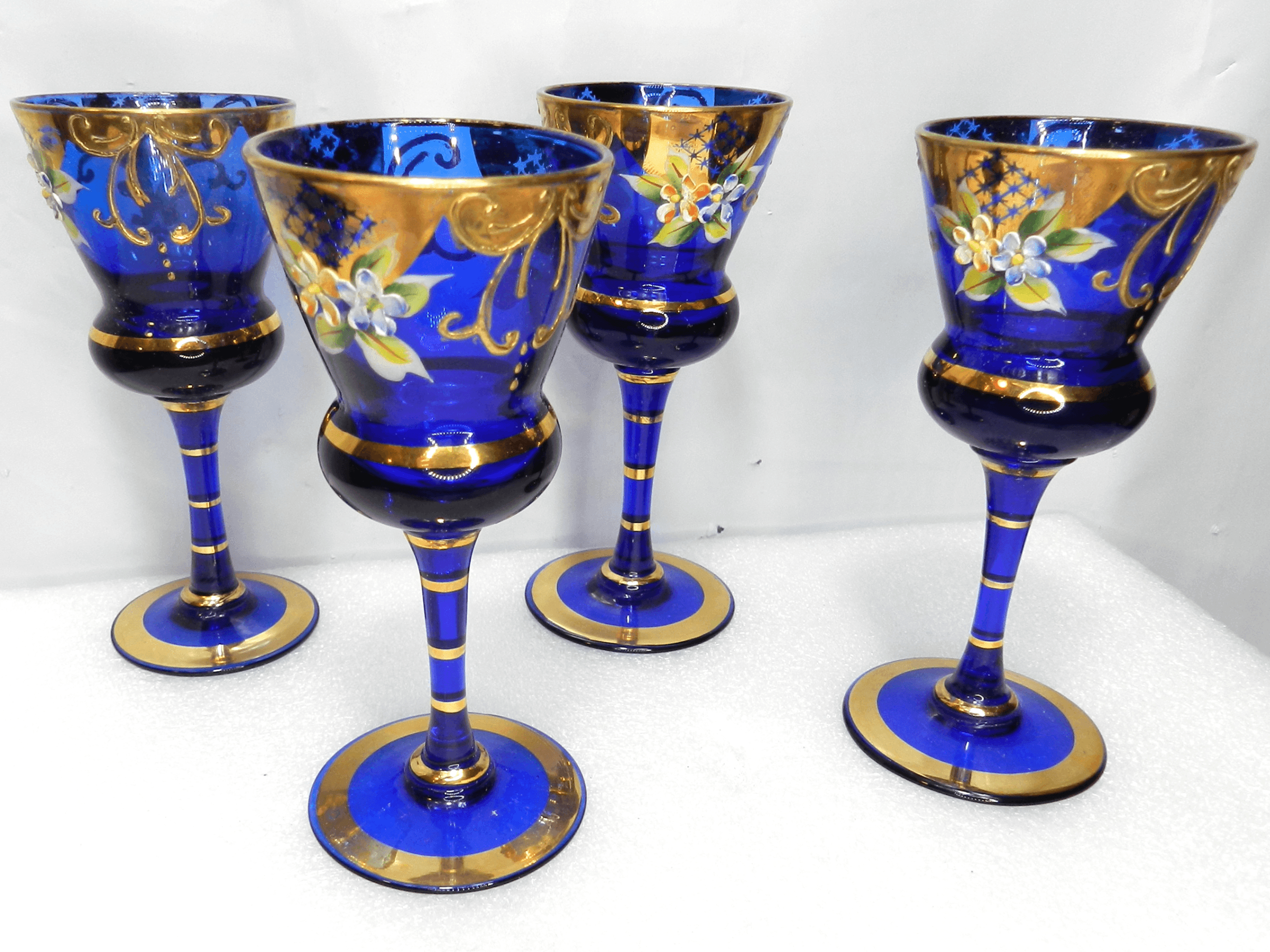 4 Vintage Murano Venetian Cobalt Blue & Gold Cordial Stemmed Wine Glasses N26J