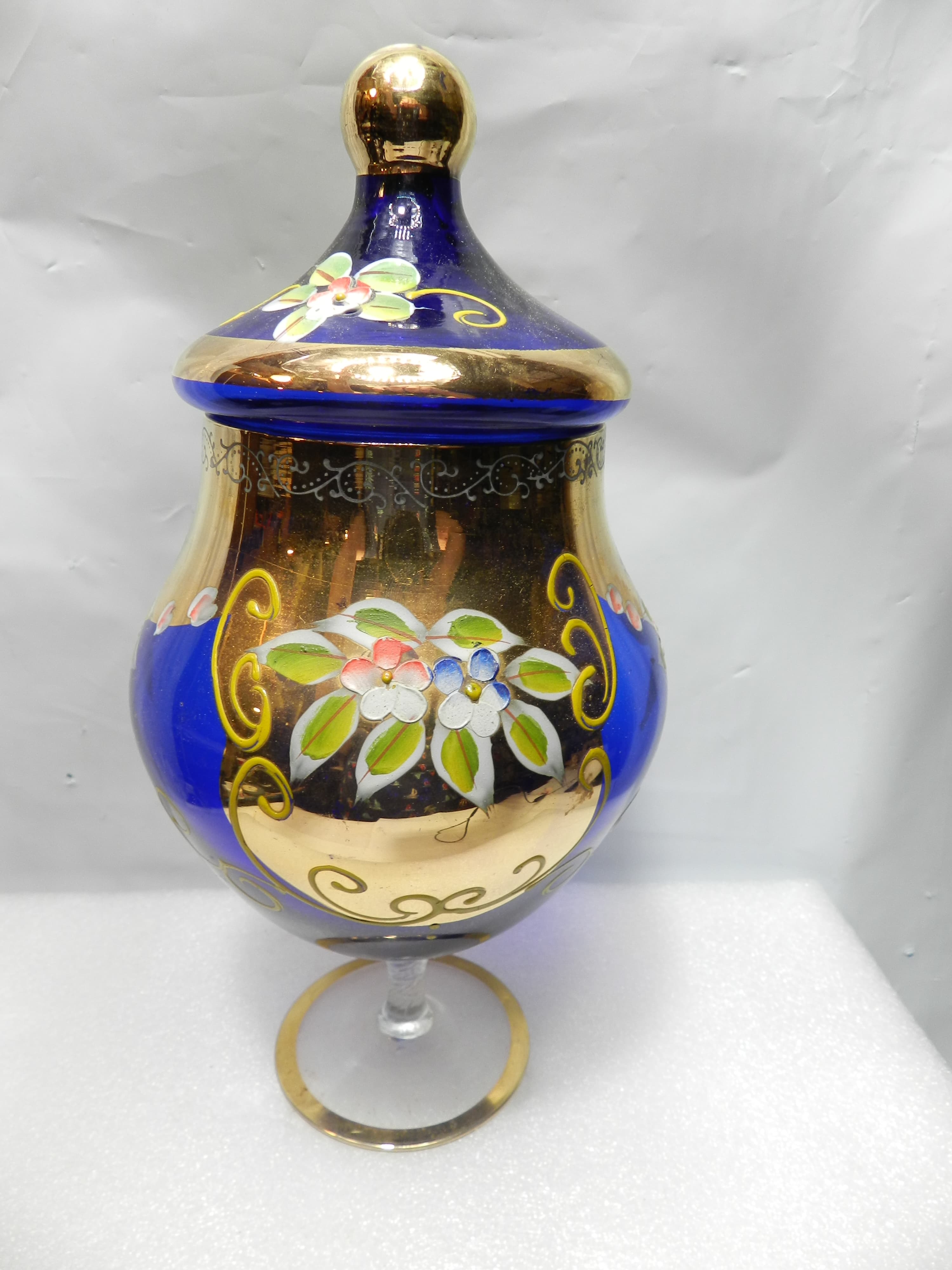Murano Venetian Cobalt Blue/Gold Cover Candy Dish 9.5" tall Hand painted N28J