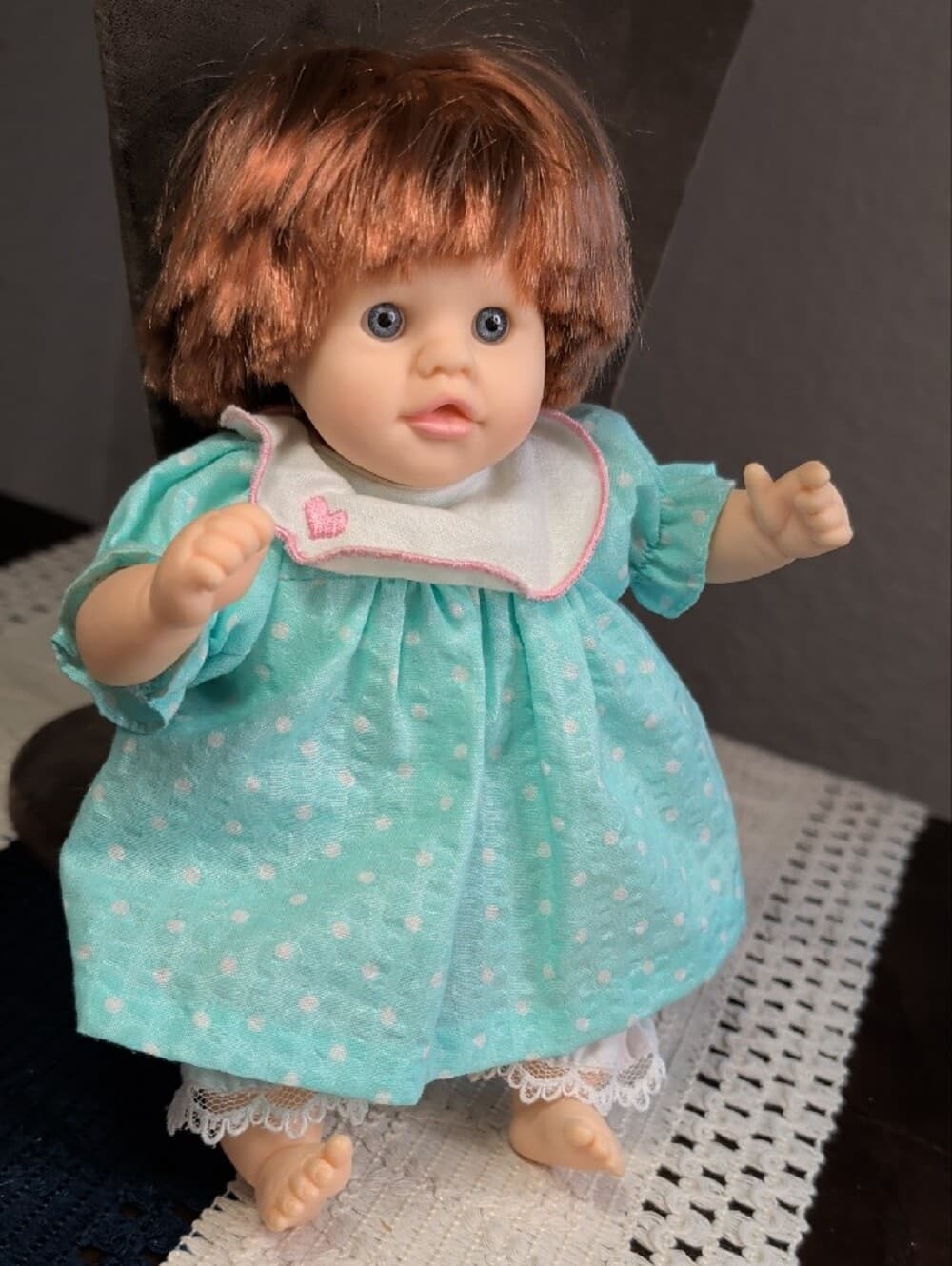 Vintage Dolls By Pauline Baby Doll in Mint Polka Dot Dress Red Hair Blue Eyes