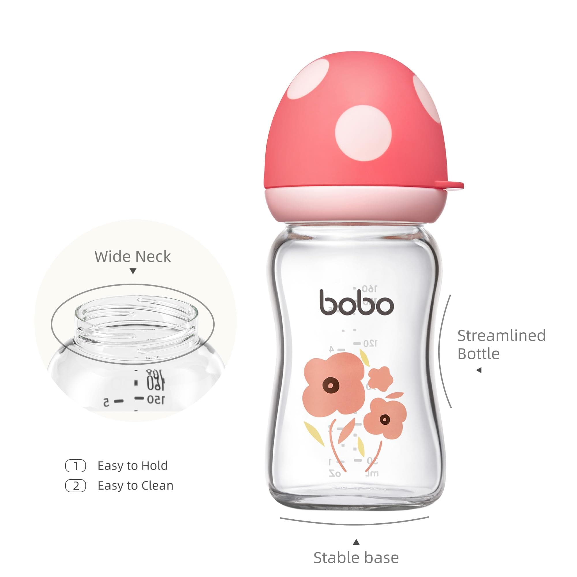 4 Bobo Baby Glass Bottles Pink Floral Design BPA-Free