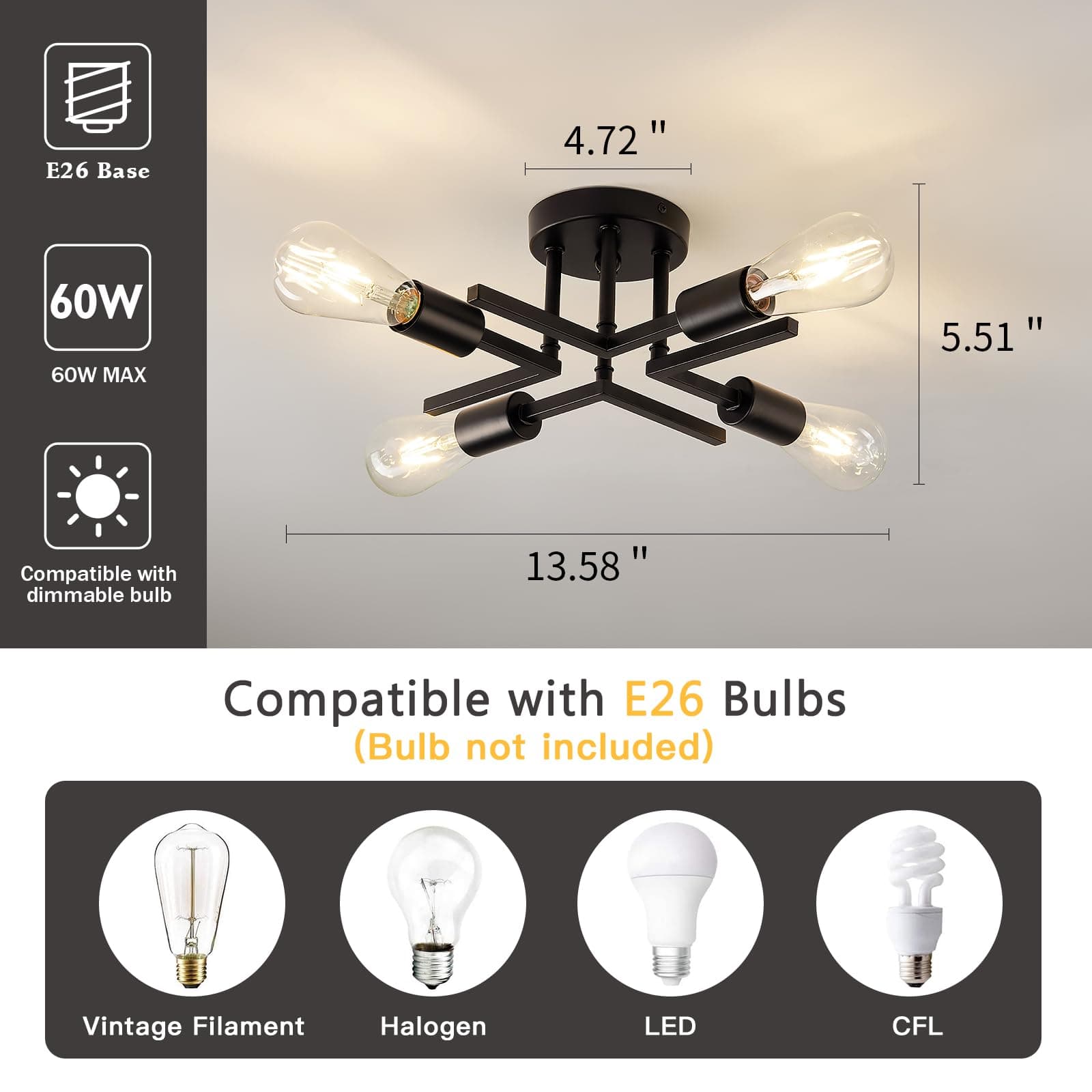 Black Ceiling Light Fixture E26 Base 60W