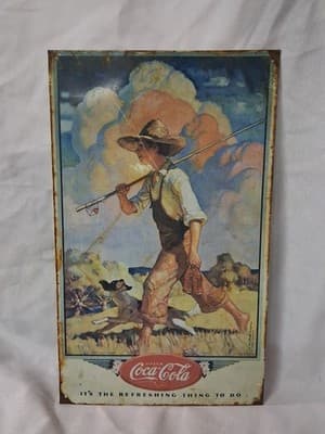 Vintage 1990 Coca-Cola Tin Sign NC Wyeth Boy Walking Dog Fishing Pole 14" x 8.5"