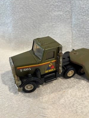 Vintage Buddy L Army T-605 Tank/Jeep Transporter Truck & Trailer FS Bnfts Chrty