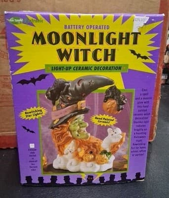 Moonlight Witch Ceramic Light Hand Painted Halloween Original Box Vtg Fun World