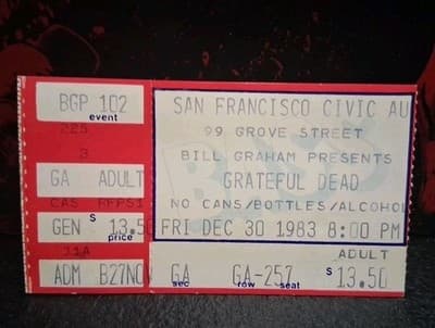Grateful Dead Concert Ticket Stub December 30 1983 San Francisco California