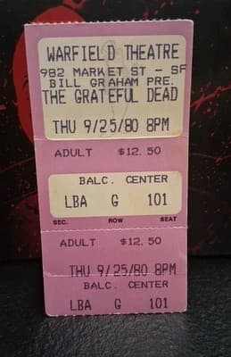 grateful dead warfield theatre unused ticket san francisco Sept 25 1980