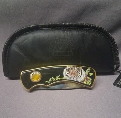 Franklin Mint Collector Folding Pocket Knife Tiger Art Gold Trim with Case