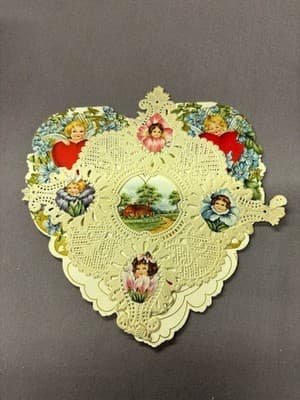 Antique Die Cut Valentine Card Heart Shaped Dresden Lace Pape