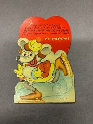 Vintage Valentines Day Card Mouse Ice Skating Skates Dates Rhyme Winter 1940s