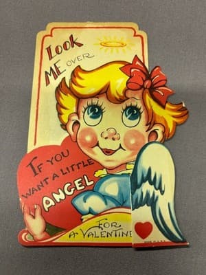 Vintage valentine Blonde Girl w/Red Bow, Angel Wing Folds Out, 1940s