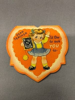 Vtg Valentine, DEAR TEACHER, A-MERI-CARD, 1945, die cut on paper, used, signed