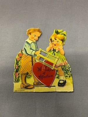 Antique Germany MOTION VALENTINE BOY SAWS HEART For GIRL A TOKEN OF AFFECTION