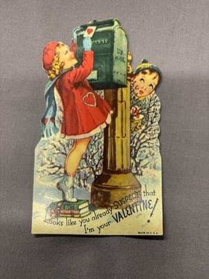 Vintage Valentine Day girl letter mail box diecut card With Note 1900s
