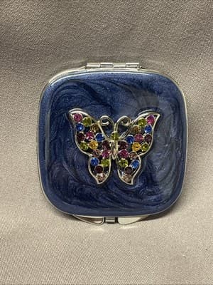 Pocket Compact Silver Tone Metal Enamel, Jeweled Hinge Mirror VTG NOS