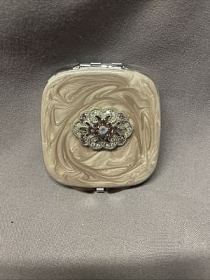 Pocket Compact Silver Tone Metal Enamel, Jeweled Hinge Mirror VTG NOS