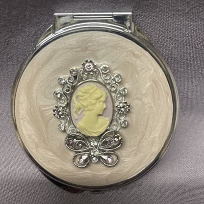 Pocket Compact Silver Tone Metal Enamel, Jeweled Hinge Mirror VTG NOS