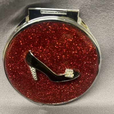 Pocket Compact Silver Tone Metal Enamel, Jeweled Hinge Mirror VTG NOS