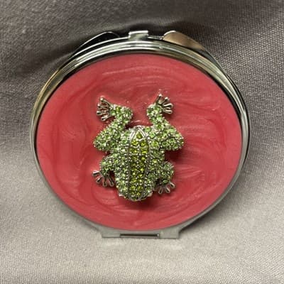 Pocket Compact Silver Tone Metal Enamel, Jeweled Hinge Mirror VTG NOS