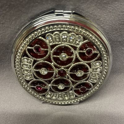 Pocket Compact Silver Tone Metal Enamel, Jeweled Hinge Mirror VTG NOS