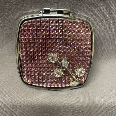 Pocket Compact Silver Tone Metal Enamel, Jeweled Hinge Mirror VTG NOS