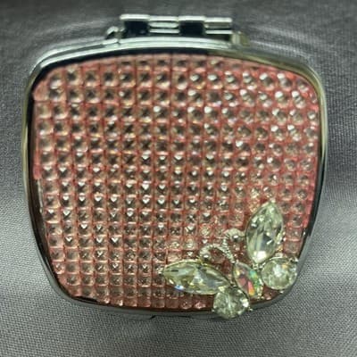 Pocket Compact Silver Tone Metal Enamel, Jeweled Hinge Mirror VTG NOS