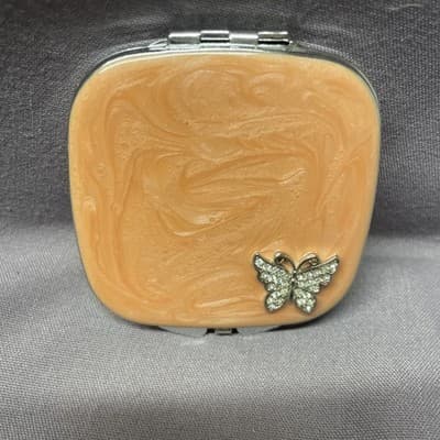 Pocket Compact Silver Tone Metal Enamel, Jeweled Hinge Mirror VTG NOS