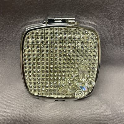 Pocket Compact Silver Tone Metal Enamel, Jeweled Hinge Mirror VTG NOS