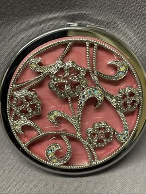 Pocket Compact Silver Tone Metal Enamel, Jeweled Hinge Mirror VTG NOS