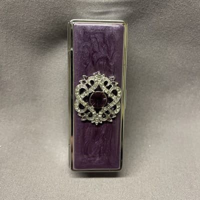 Pocket Compact Silver Tone Metal Enamel, Jeweled Hinge Lipstick Holder NOS