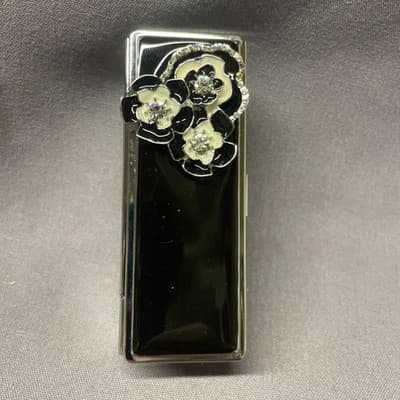 Pocket Compact Silver Tone Metal Enamel, Jeweled Hinge Lipstick Holder NOS