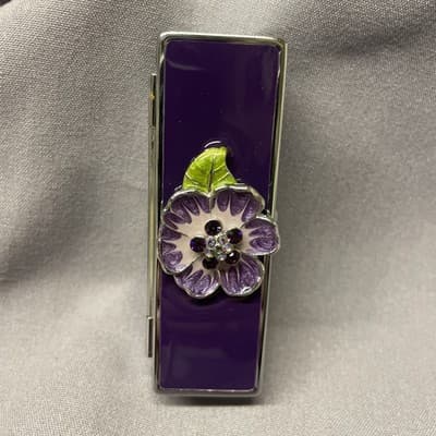 Pocket Compact Silver Tone Metal Enamel, Jeweled Hinge Lipstick Holder NOS