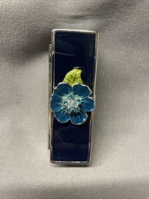Pocket Compact Silver Tone Metal Enamel, Jeweled Hinge Lipstick Holder NOS