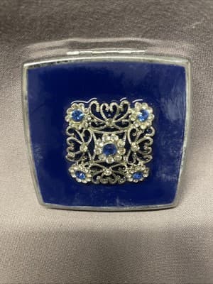 Pocket Compact Silver Tone Metal Enamel, Jeweled Hinge Mirror VTG NOS