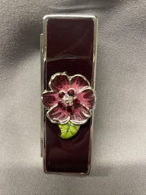 Pocket Compact Silver Tone Metal Enamel, Jeweled Hinge Lipstick Holder NOS