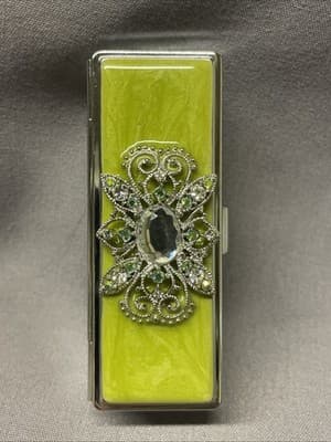 Pocket Compact Silver Tone Metal Enamel, Jeweled Hinge Lipstick Holder NOS